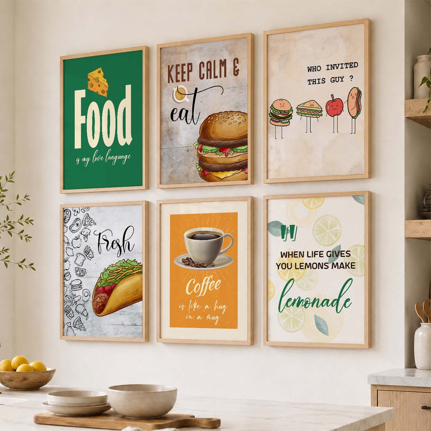 Kitchen Theme Framed Posters for Restaurant Kitchen Dinning Room Cafe Wall Decor Set of 6