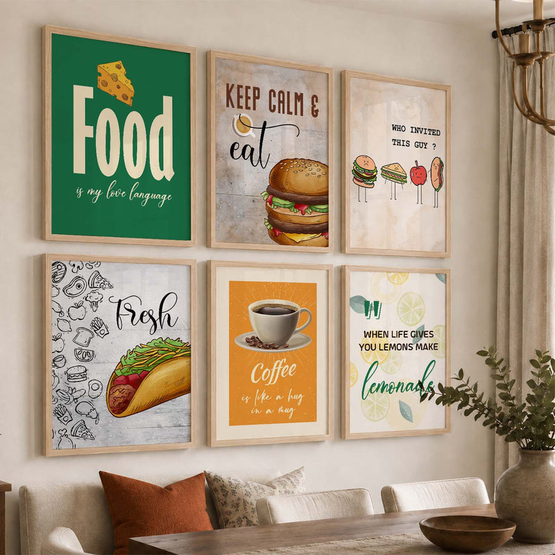 Kitchen Theme Framed Posters for Restaurant Kitchen Dinning Room Cafe Wall Decor Set of 6