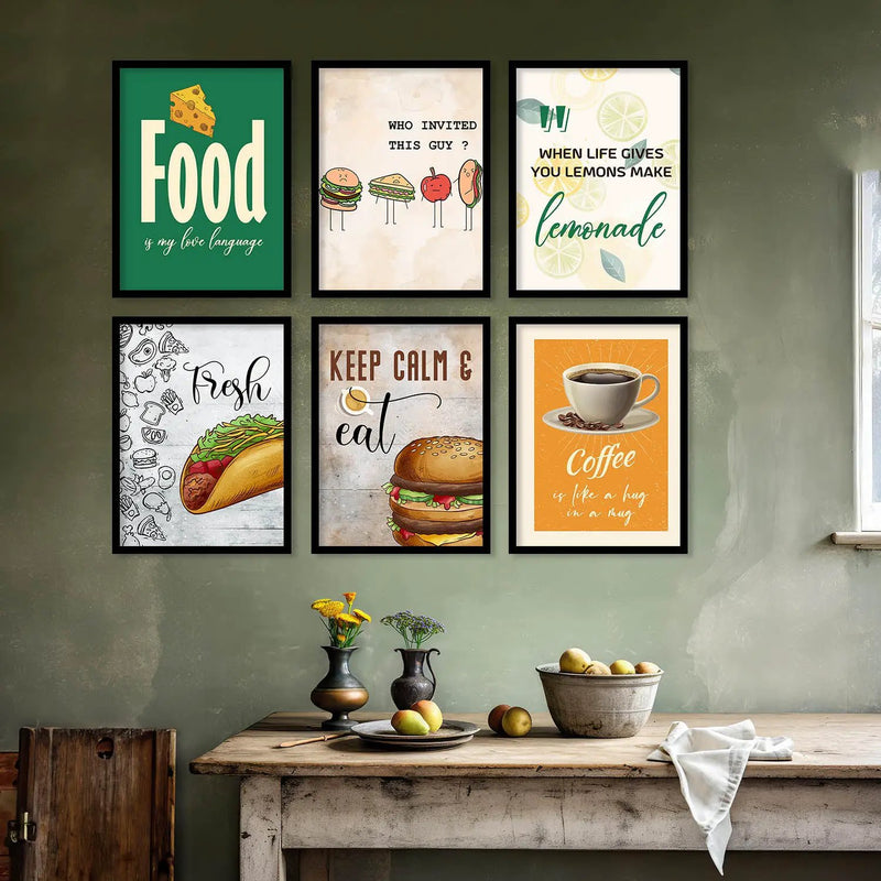 Kitchen Theme Framed Posters for Restaurant Kitchen Dinning Room Cafe Wall Decor Set of 6