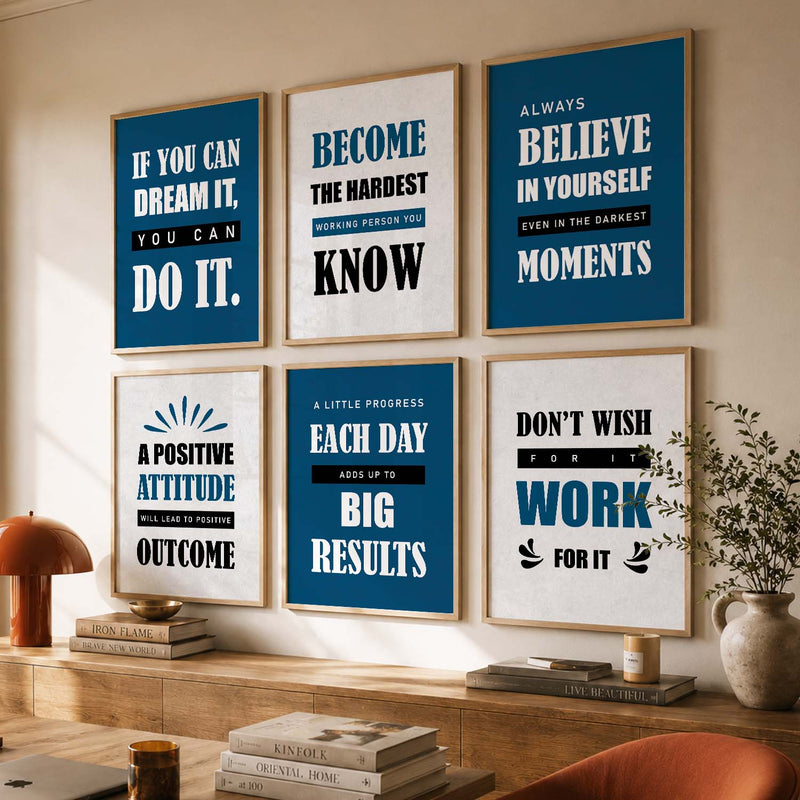 Modern Typography Motivational Quotes Wall Art Set of 6 Framed Prints for Dorm Room