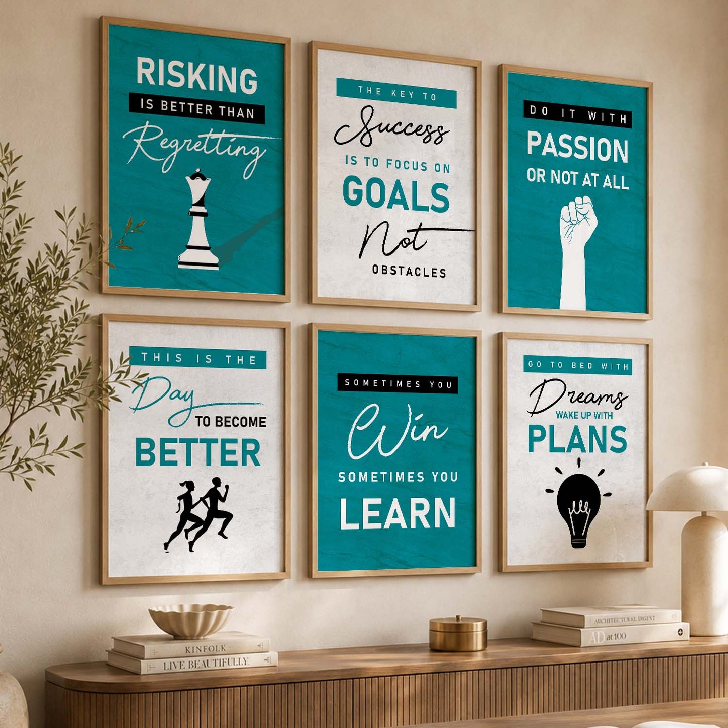 Minimalist Modern Motivational Quotes Wall Art Set of 6 Framed Prints for Study Room