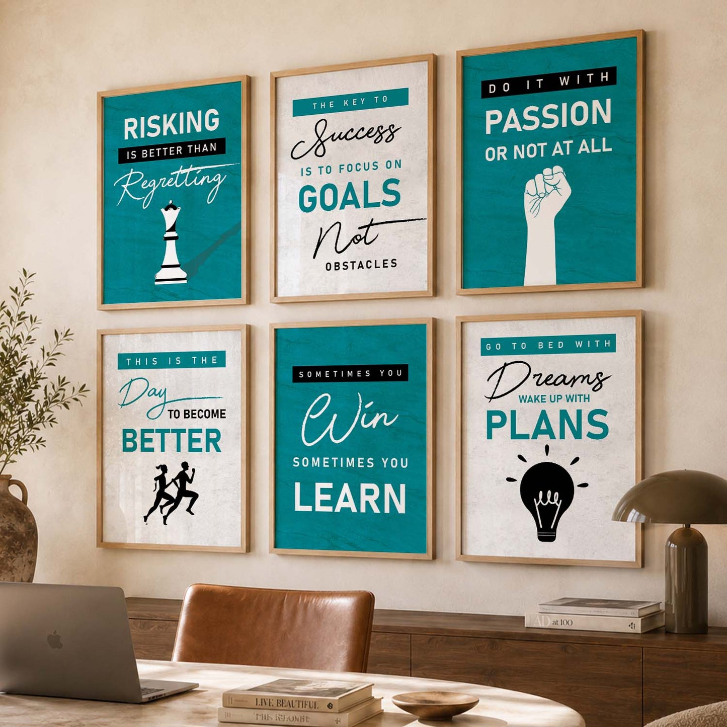 Minimalist Modern Motivational Quotes Wall Art Set of 6 Framed Prints for Study Room