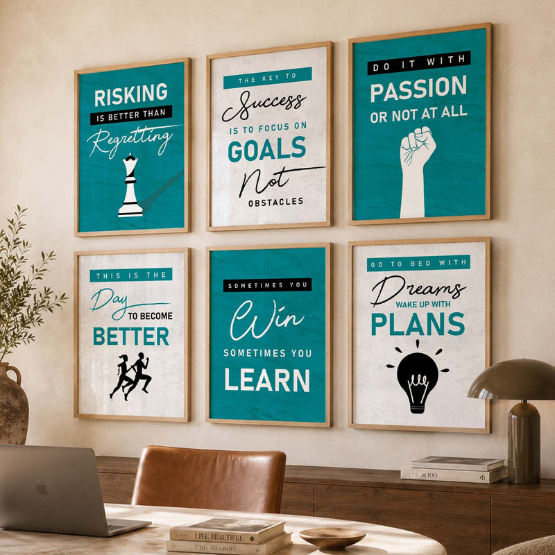 Minimalist Modern Motivational Quotes Wall Art Set of 6 Framed Prints for Study Room