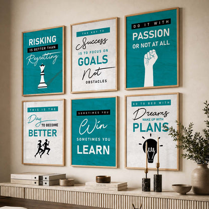 Minimalist Modern Motivational Quotes Wall Art Set of 6 Framed Prints for Study Room