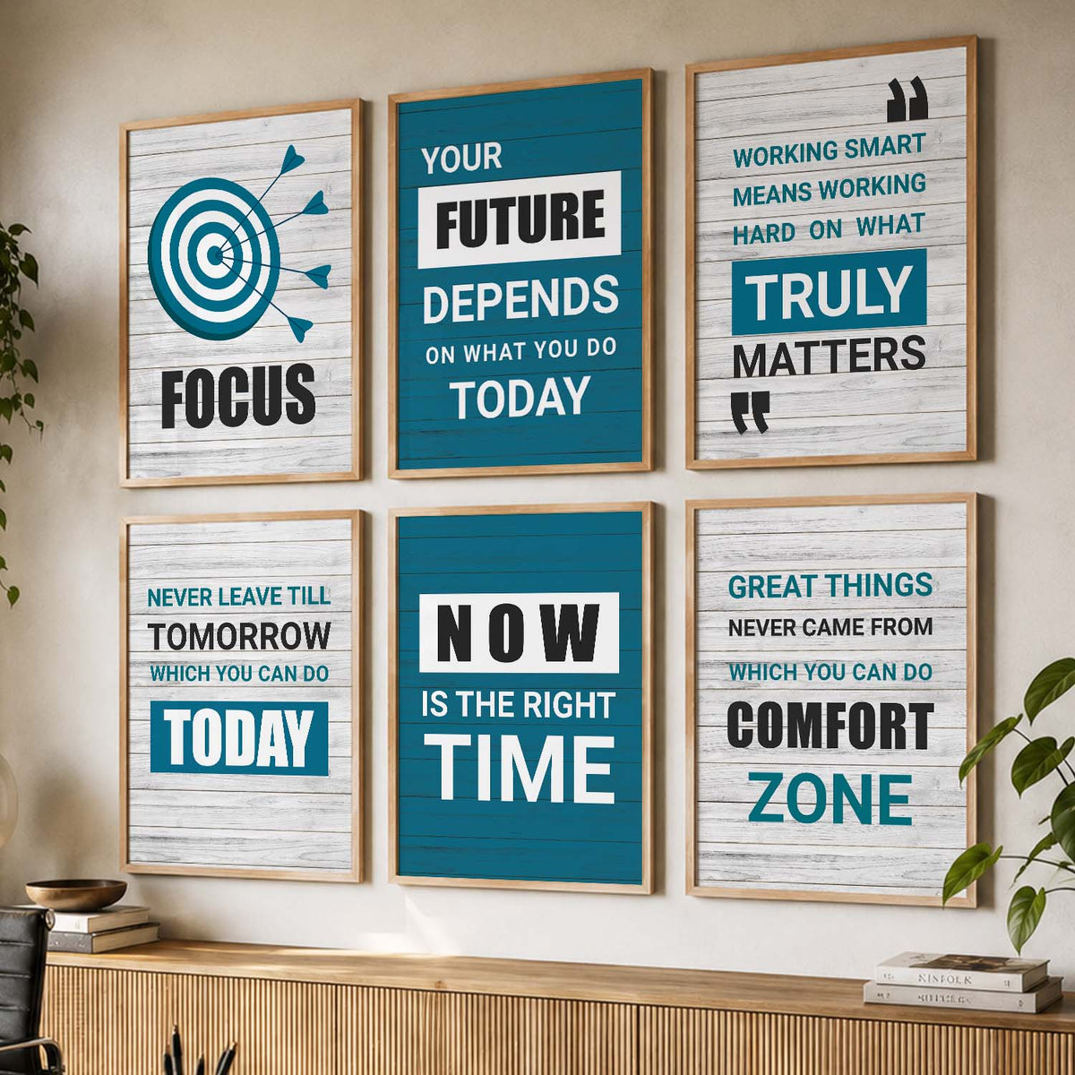 Modern Typography Motivational Quotes Wall Art Set of 6 Framed Prints for Creative Workspace