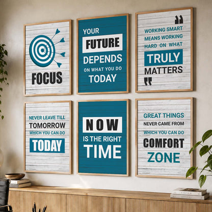 Modern Typography Motivational Quotes Wall Art Set of 6 Framed Prints for Creative Workspace
