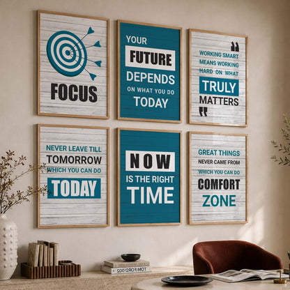 Modern Typography Motivational Quotes Wall Art Set of 6 Framed Prints for Creative Workspace