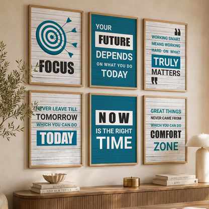 Modern Typography Motivational Quotes Wall Art Set of 6 Framed Prints for Creative Workspace