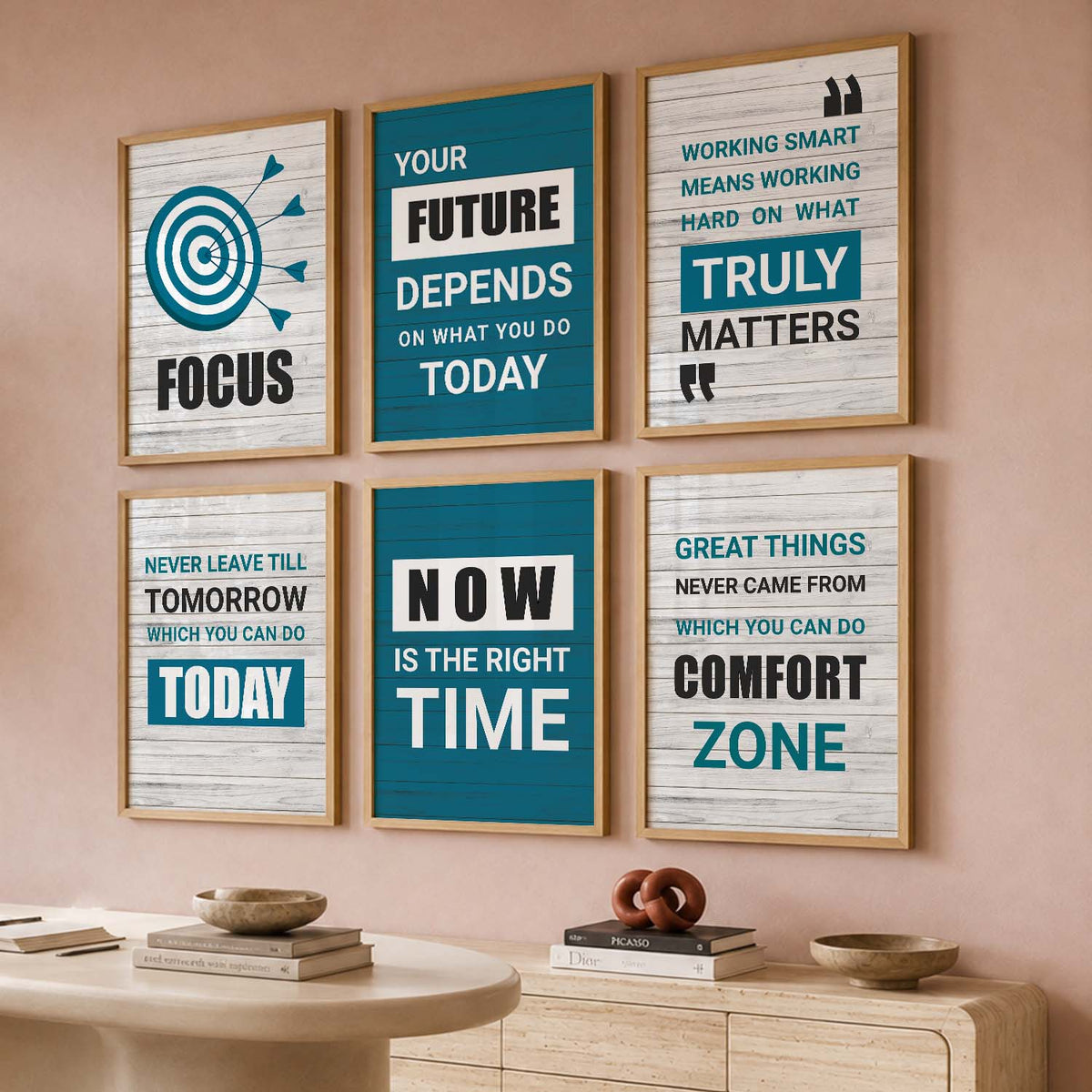 Modern Typography Motivational Quotes Wall Art Set of 6 Framed Prints for Creative Workspace