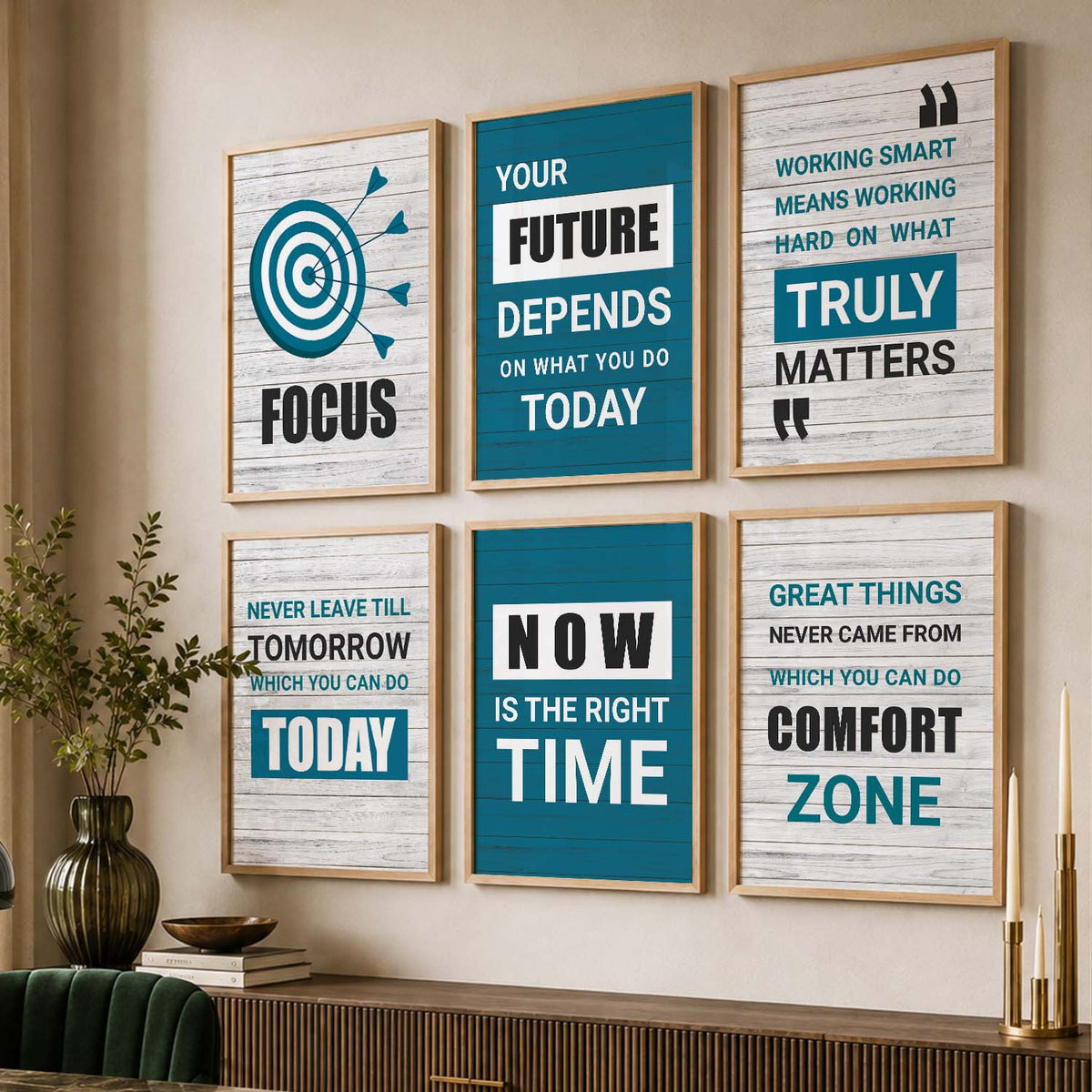 Modern Typography Motivational Quotes Wall Art Set of 6 Framed Prints for Creative Workspace