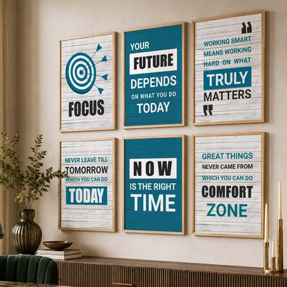 Modern Typography Motivational Quotes Wall Art Set of 6 Framed Prints for Creative Workspace