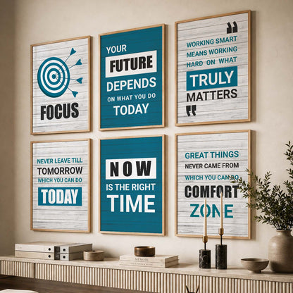 Modern Typography Motivational Quotes Wall Art Set of 6 Framed Prints for Creative Workspace