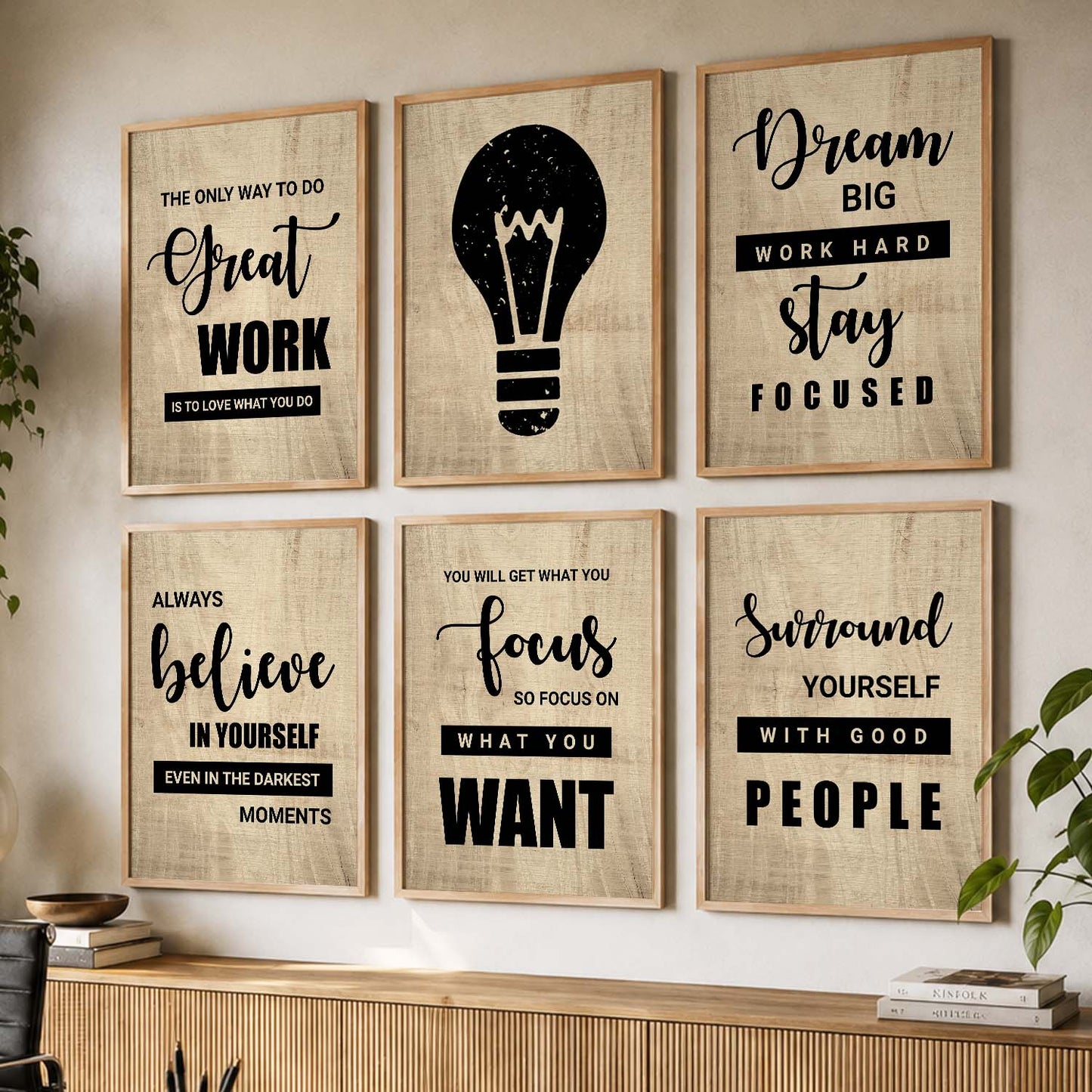 Modern Typography Motivational Quotes Wall Art Set of 6 Framed Prints for Reading Corner