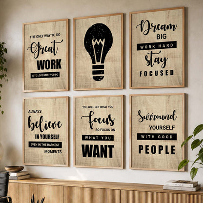 Modern Typography Motivational Quotes Wall Art Set of 6 Framed Prints for Reading Corner