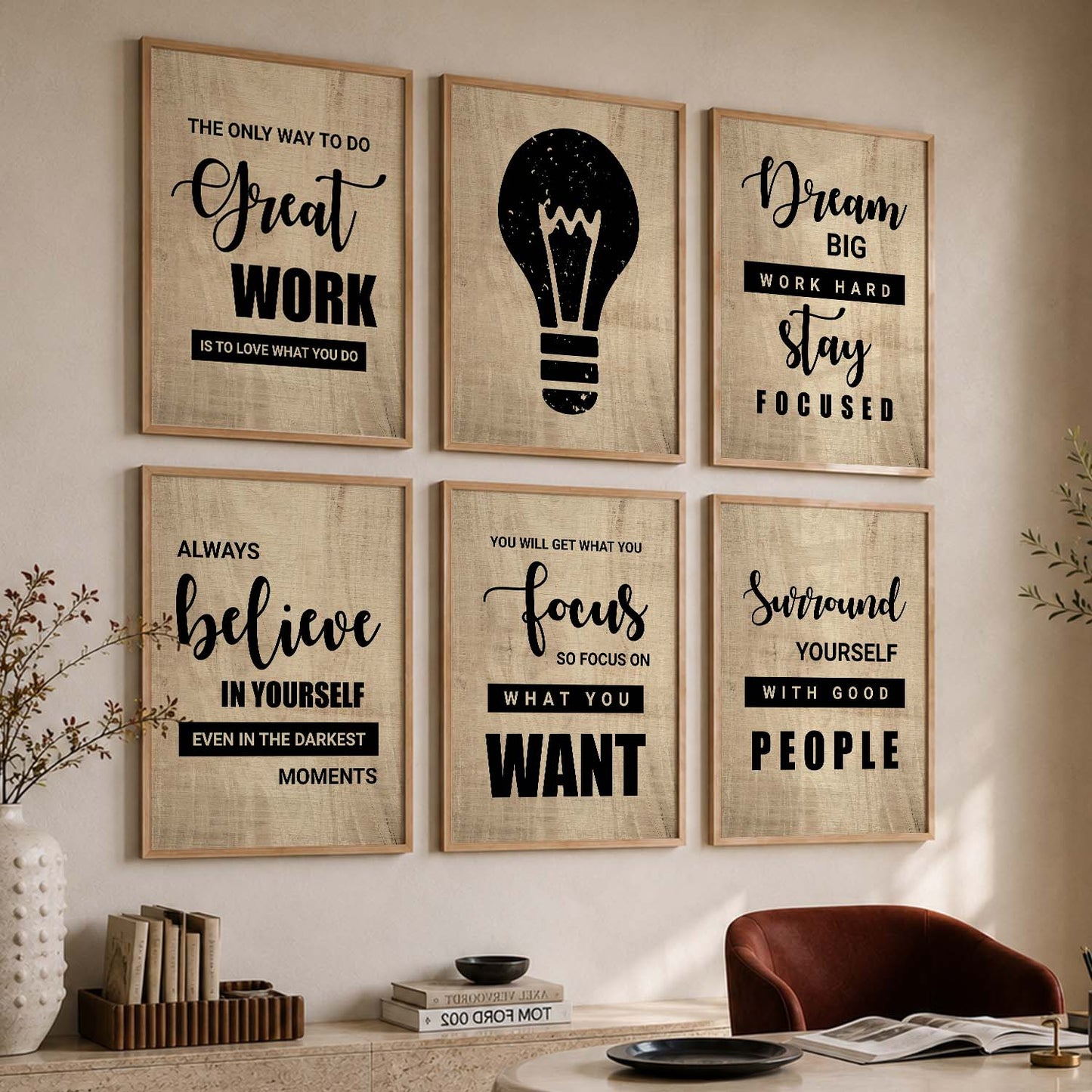 Modern Typography Motivational Quotes Wall Art Set of 6 Framed Prints for Reading Corner