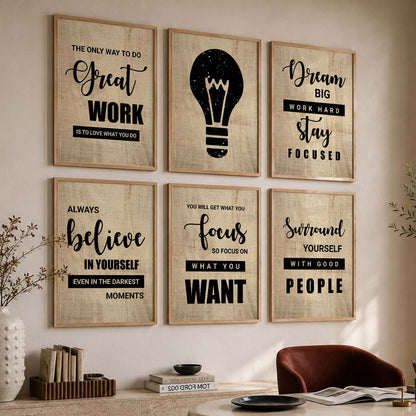 Modern Typography Motivational Quotes Wall Art Set of 6 Framed Prints for Reading Corner