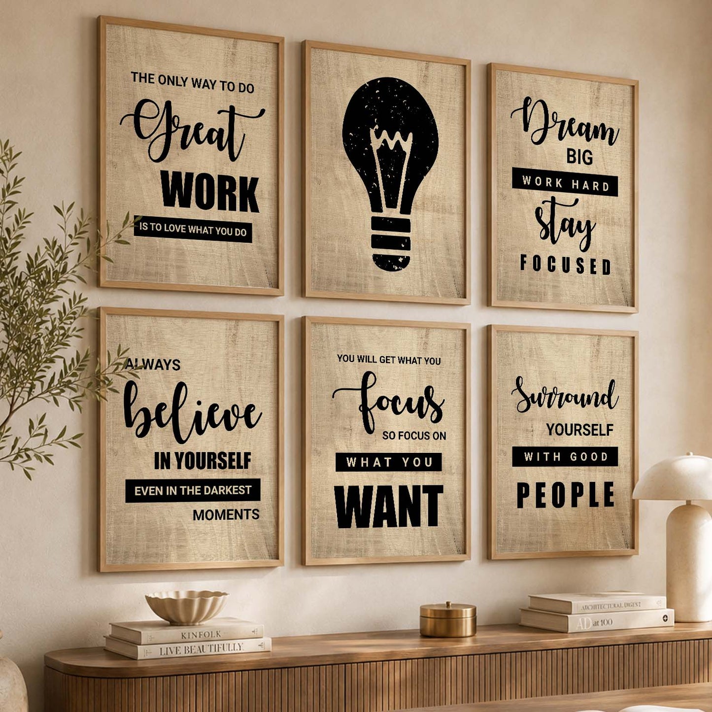 Modern Typography Motivational Quotes Wall Art Set of 6 Framed Prints for Reading Corner