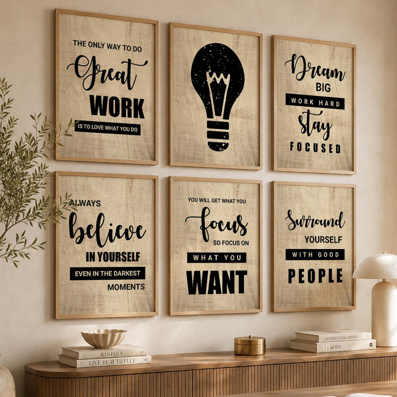 Modern Typography Motivational Quotes Wall Art Set of 6 Framed Prints for Reading Corner