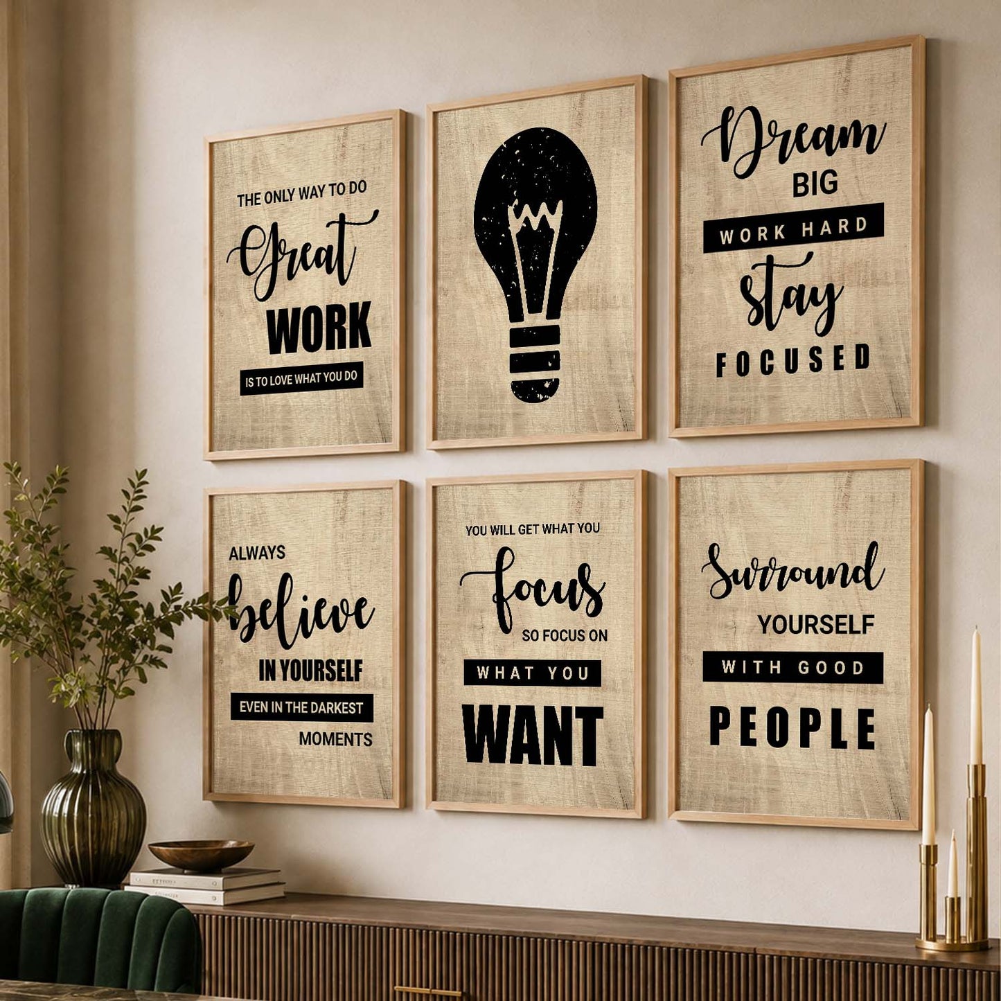 Modern Typography Motivational Quotes Wall Art Set of 6 Framed Prints for Reading Corner