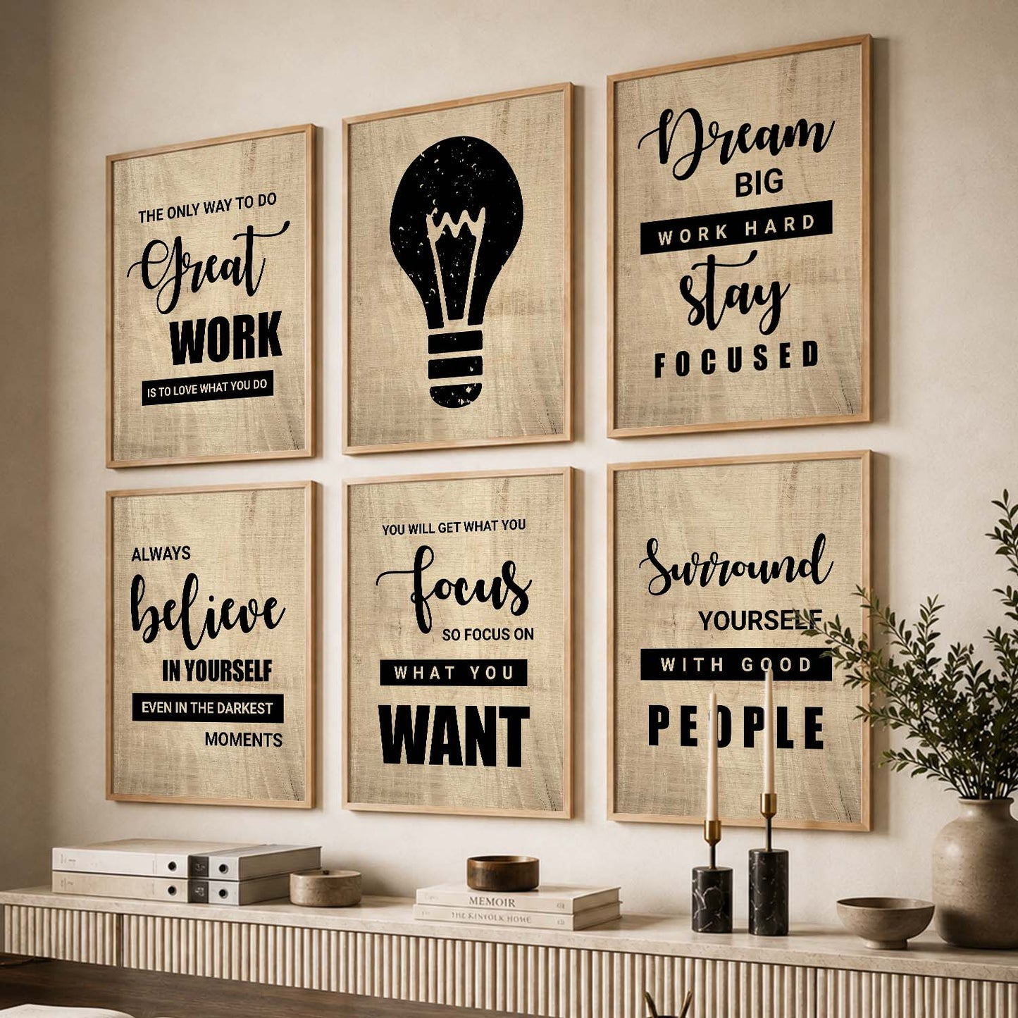 Modern Typography Motivational Quotes Wall Art Set of 6 Framed Prints for Reading Corner