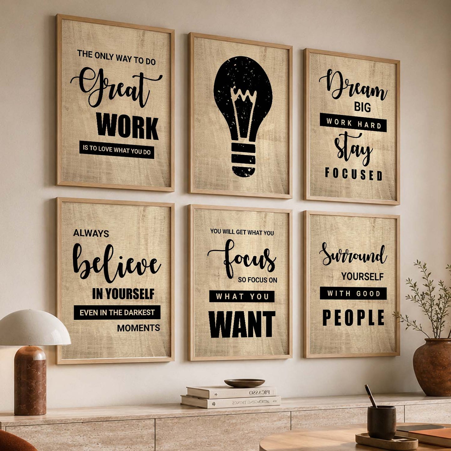 Modern Typography Motivational Quotes Wall Art Set of 6 Framed Prints for Reading Corner