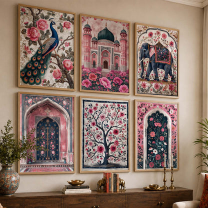 Traditional Indian Inspired Madhubani Art Prints with Frame for Living Room Bedroom Home and Office Wall Decor Set of 6