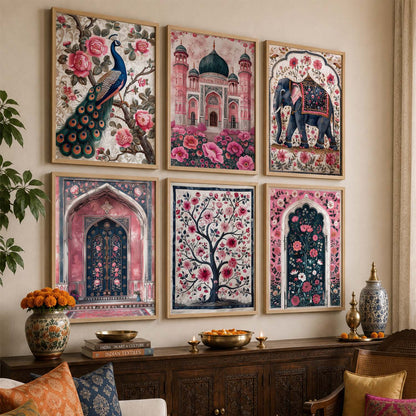 Traditional Indian Inspired Madhubani Art Prints with Frame for Living Room Bedroom Home and Office Wall Decor Set of 6
