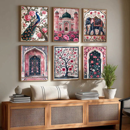 Traditional Indian Inspired Madhubani Art Prints with Frame for Living Room Bedroom Home and Office Wall Decor Set of 6