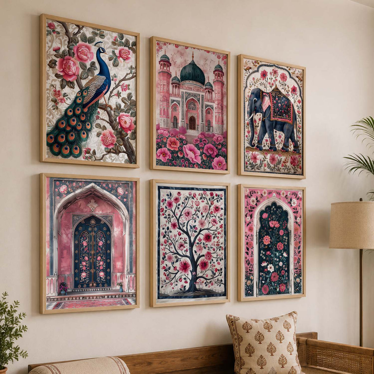 Traditional Indian Inspired Madhubani Art Prints with Frame for Living Room Bedroom Home and Office Wall Decor Set of 6