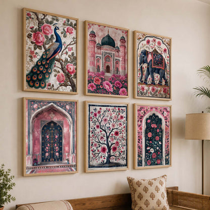 Traditional Indian Inspired Madhubani Art Prints with Frame for Living Room Bedroom Home and Office Wall Decor Set of 6