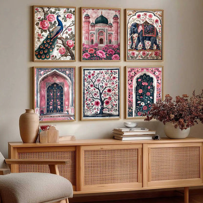 Traditional Indian Inspired Madhubani Art Prints with Frame for Living Room Bedroom Home and Office Wall Decor Set of 6