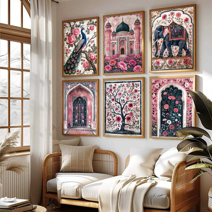 Traditional Indian Inspired Madhubani Art Prints with Frame for Living Room Bedroom Home and Office Wall Decor Set of 6