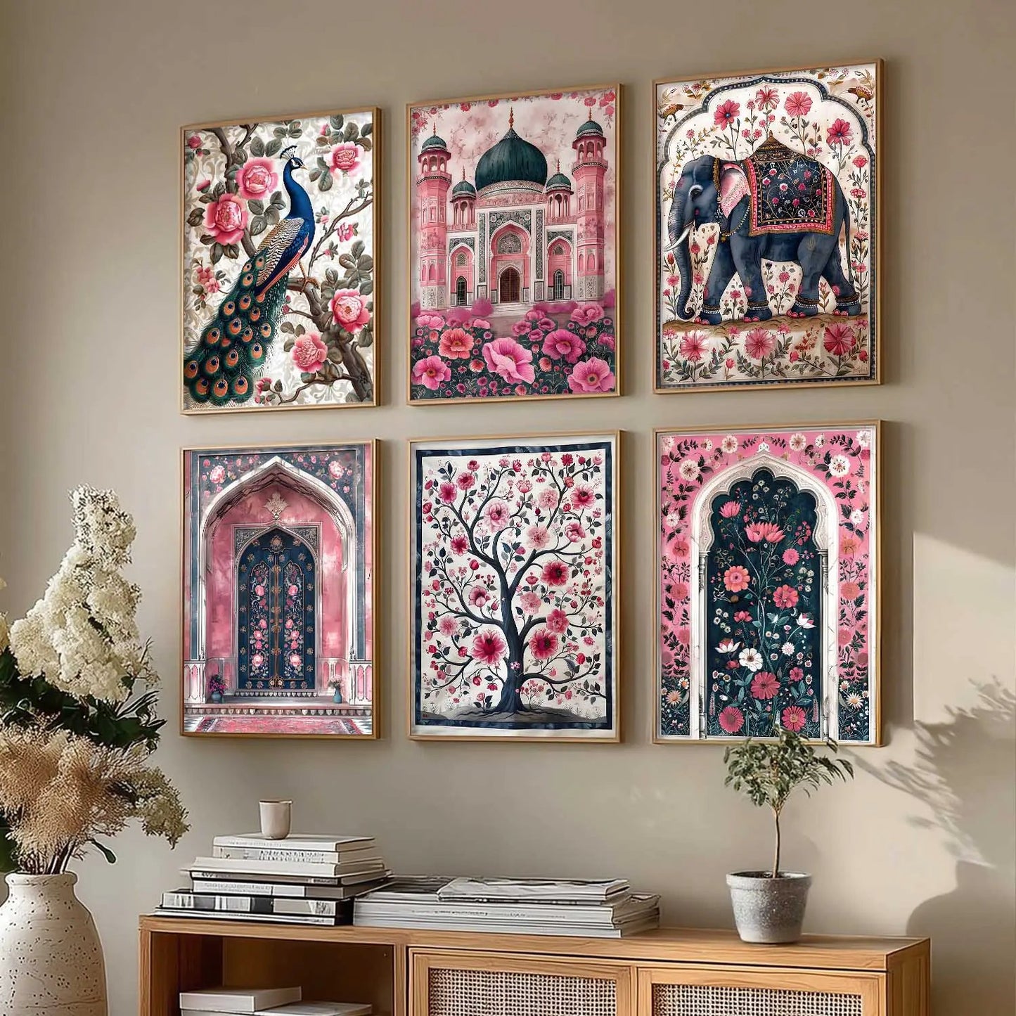 Traditional Indian Inspired Madhubani Art Prints with Frame for Living Room Bedroom Home and Office Wall Decor Set of 6