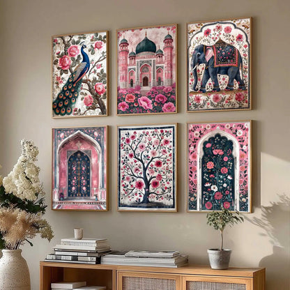 Traditional Indian Inspired Madhubani Art Prints with Frame for Living Room Bedroom Home and Office Wall Decor Set of 6