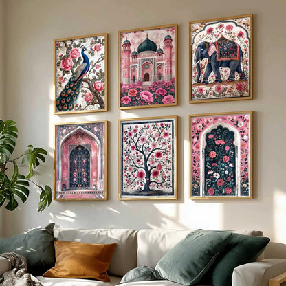 Traditional Indian Inspired Madhubani Art Prints with Frame for Living Room Bedroom Home and Office Wall Decor Set of 6