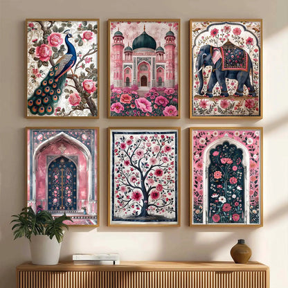 Traditional Indian Inspired Madhubani Art Prints with Frame for Living Room Bedroom Home and Office Wall Decor Set of 6
