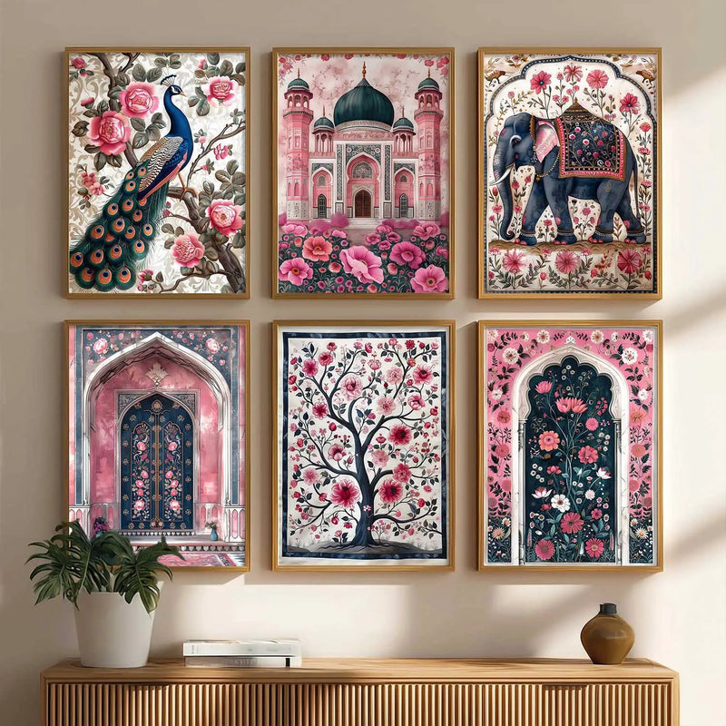 Traditional Indian Inspired Madhubani Art Prints with Frame for Living Room Bedroom Home and Office Wall Decor Set of 6