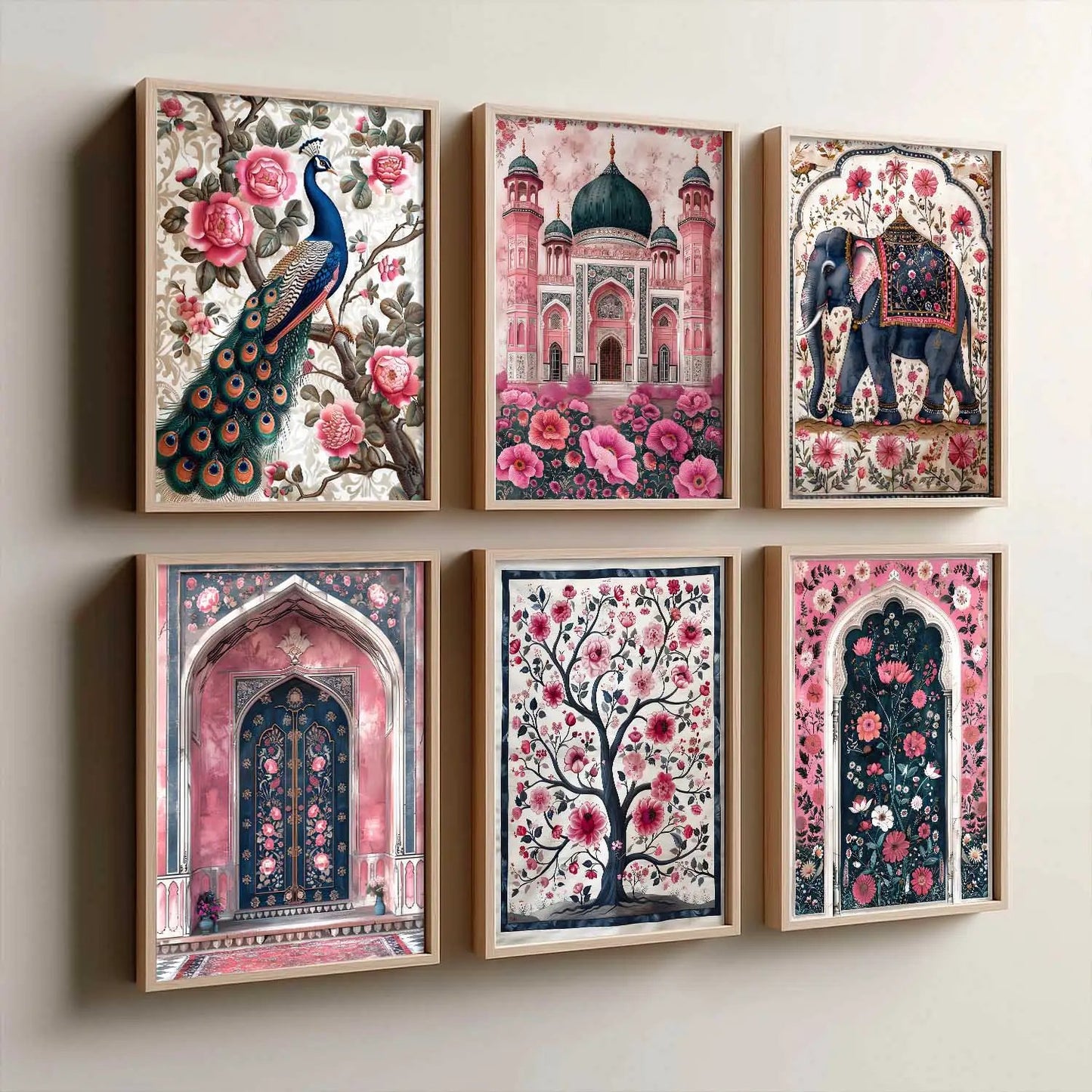 Traditional Indian Inspired Madhubani Art Prints with Frame for Living Room Bedroom Home and Office Wall Decor Set of 6