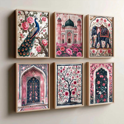 Traditional Indian Inspired Madhubani Art Prints with Frame for Living Room Bedroom Home and Office Wall Decor Set of 6