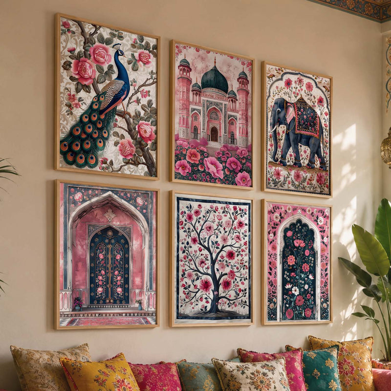 Traditional Indian Inspired Madhubani Art Prints with Frame for Living Room Bedroom Home and Office Wall Decor Set of 6