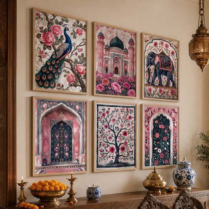 Traditional Indian Inspired Madhubani Art Prints with Frame for Living Room Bedroom Home and Office Wall Decor Set of 6