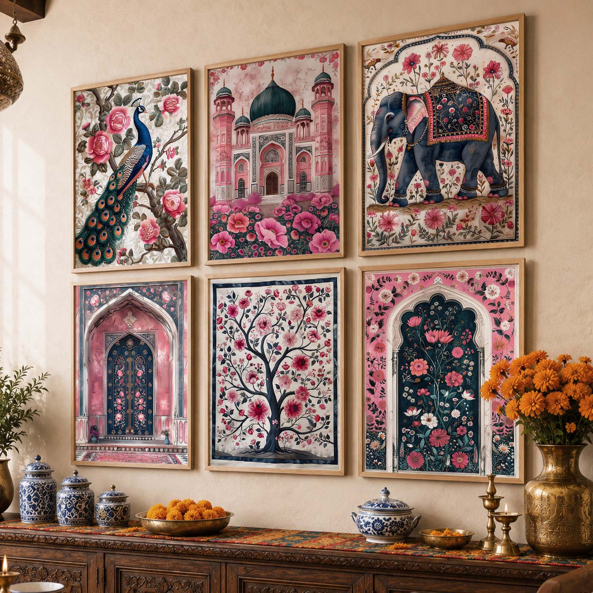 Traditional Indian Inspired Madhubani Art Prints with Frame for Living Room Bedroom Home and Office Wall Decor Set of 6