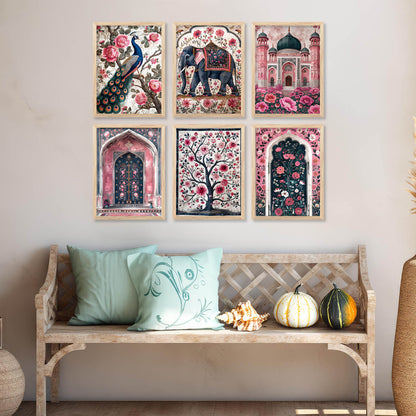 Traditional Indian Inspired Madhubani Art Prints with Frame for Living Room Bedroom Home and Office Wall Decor Set of 6