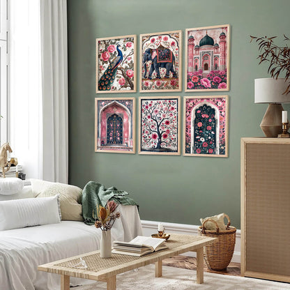 Traditional Indian Inspired Madhubani Art Prints with Frame for Living Room Bedroom Home and Office Wall Decor Set of 6