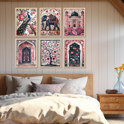 Traditional Indian Inspired Madhubani Art Prints with Frame for Living Room Bedroom Home and Office Wall Decor Set of 6