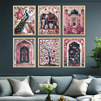 Traditional Indian Inspired Madhubani Art Prints with Frame for Living Room Bedroom Home and Office Wall Decor Set of 6