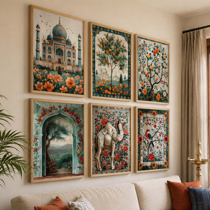 Traditional Indian Inspired Madhubani Art Prints with Frame for Living Room Bedroom Home and Office Wall Décor Set of 6