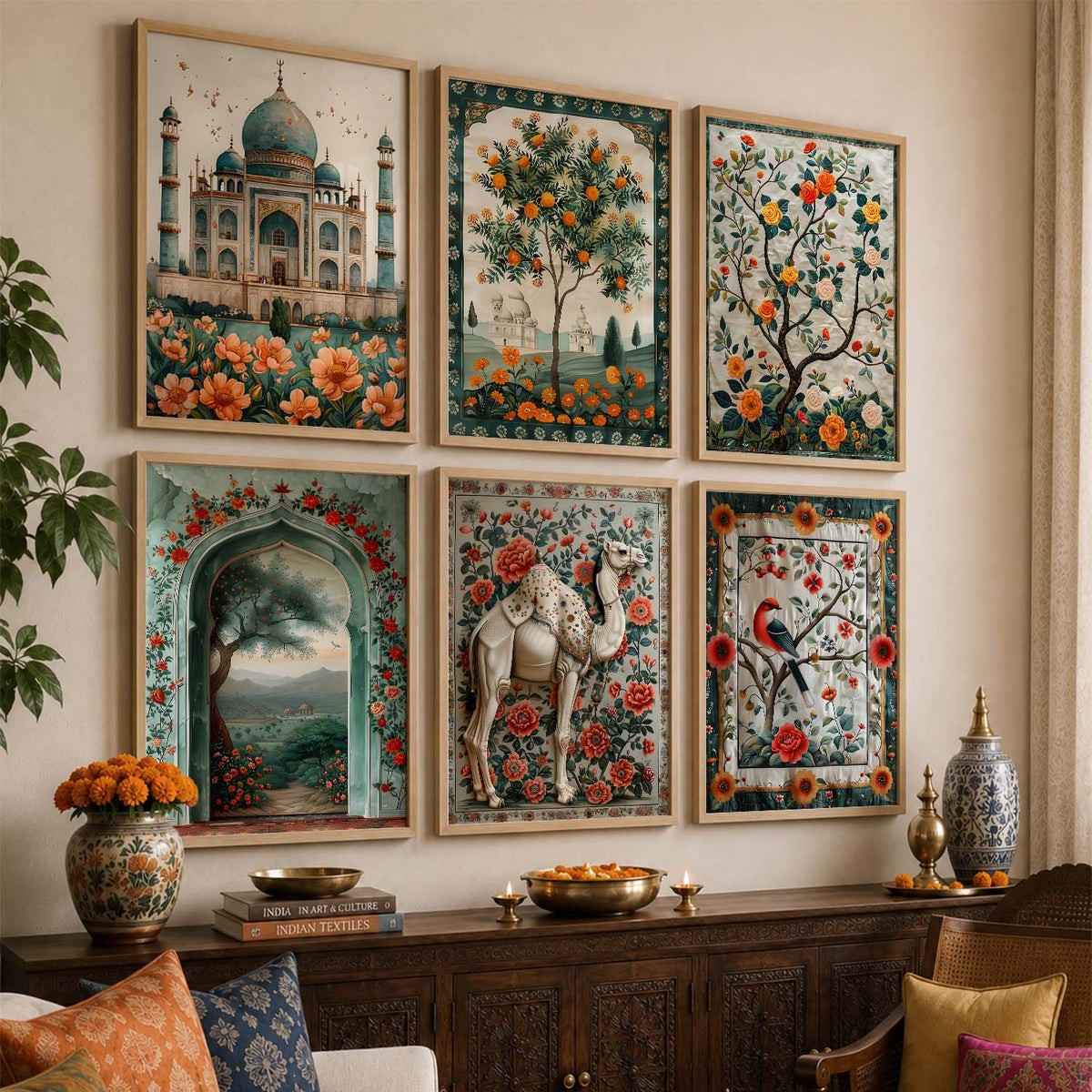 Traditional Indian Inspired Madhubani Art Prints with Frame for Living Room Bedroom Home and Office Wall Décor Set of 6