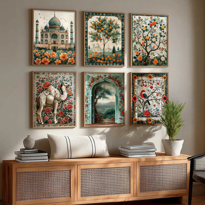 Traditional Indian Inspired Madhubani Art Prints with Frame for Living Room Bedroom Home and Office Wall Décor Set of 6
