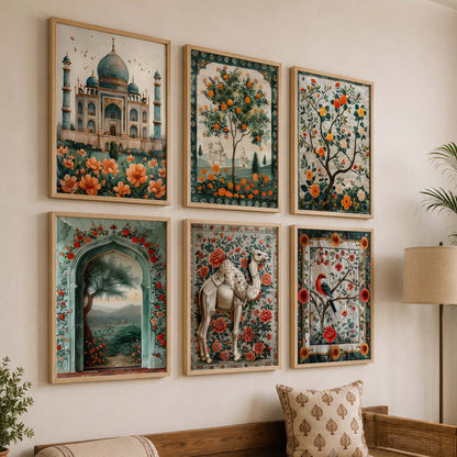 Traditional Indian Inspired Madhubani Art Prints with Frame for Living Room Bedroom Home and Office Wall Décor Set of 6